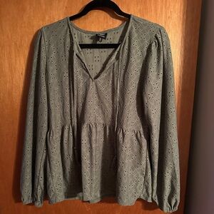 Bobeau Green Floral See-Through vneck long sleeve